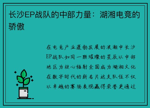 长沙EP战队的中部力量：湖湘电竞的骄傲