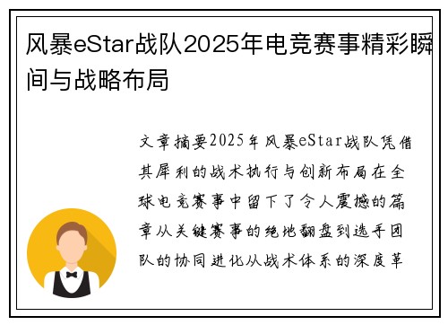 风暴eStar战队2025年电竞赛事精彩瞬间与战略布局
