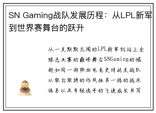 SN Gaming战队发展历程：从LPL新军到世界赛舞台的跃升