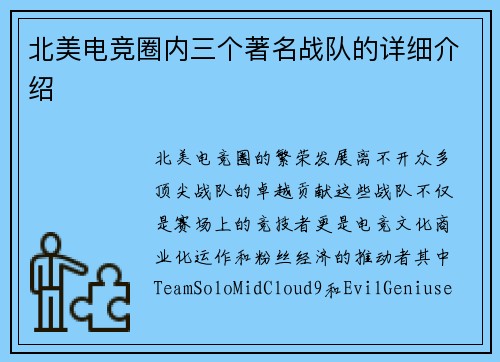 北美电竞圈内三个著名战队的详细介绍